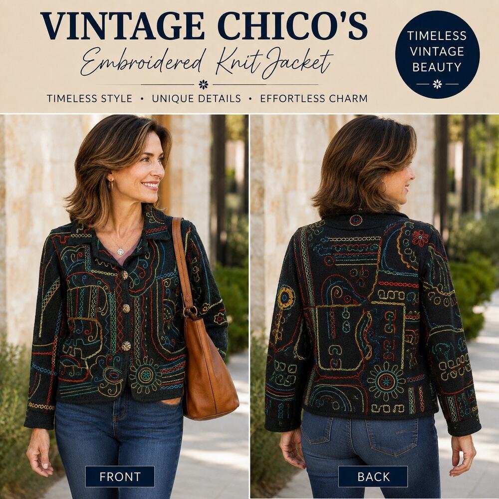 Vintage Chico’s Embroidered Knit Jacket Women’s Size 2 Cotton Boho Southwestern